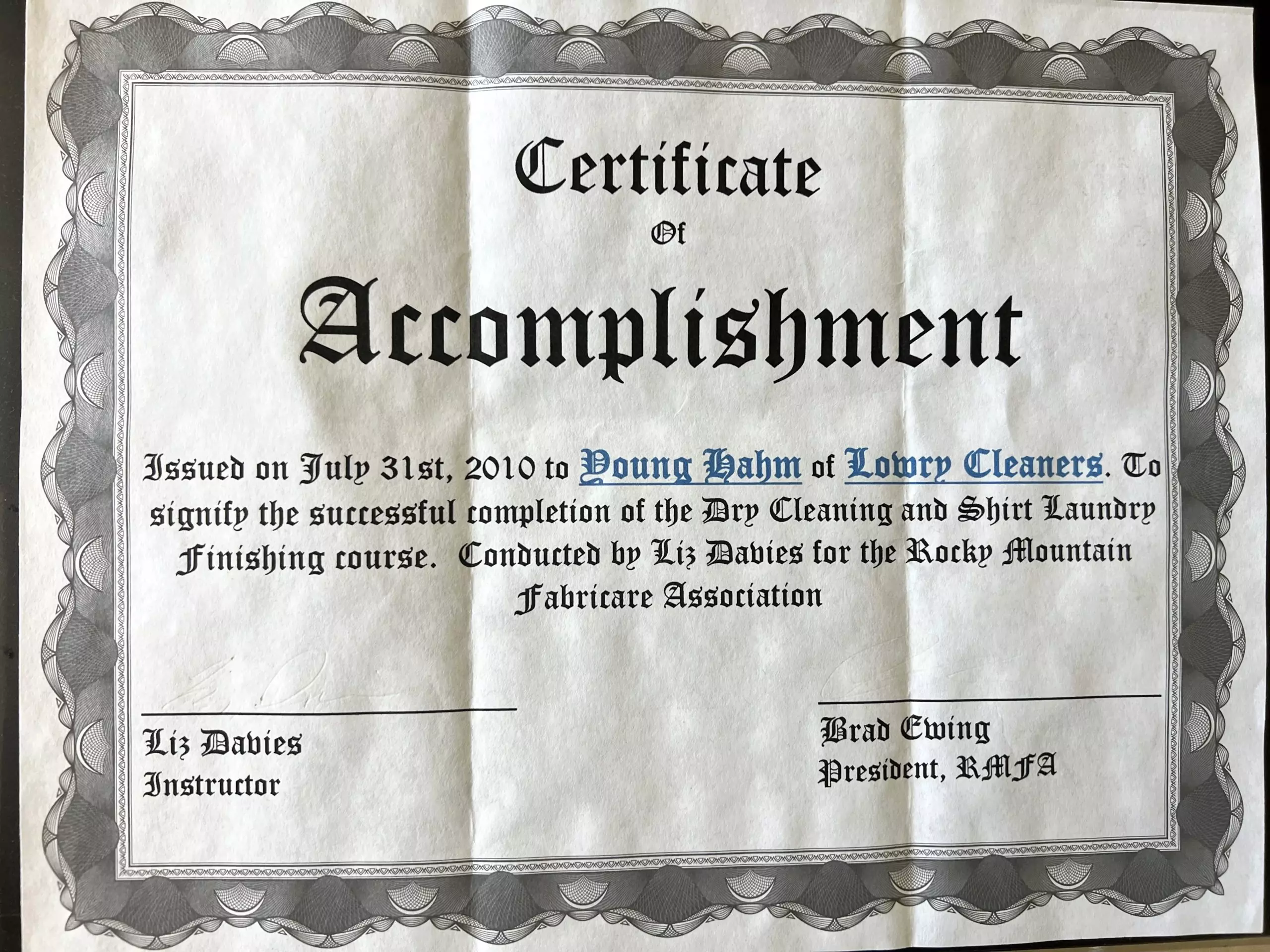 Certificate of Accomplishment for Lowry Cleaners: Best Dry Cleaner in Denver Colorado.